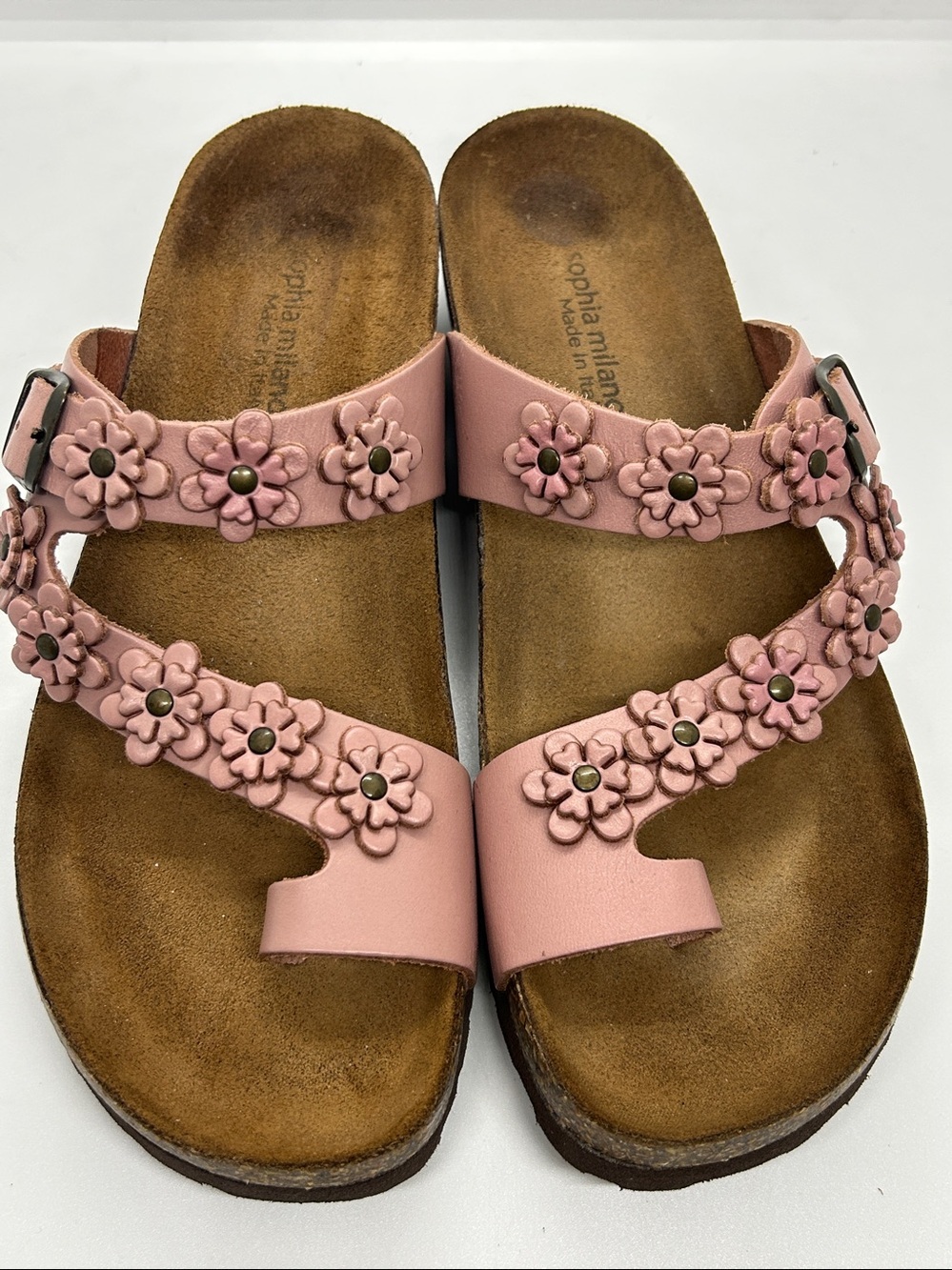Sophia Milano Wedge Sandals Size 9 Mauve Pink Leather Flowers Slip On Toe Post - Picture 7 of 11